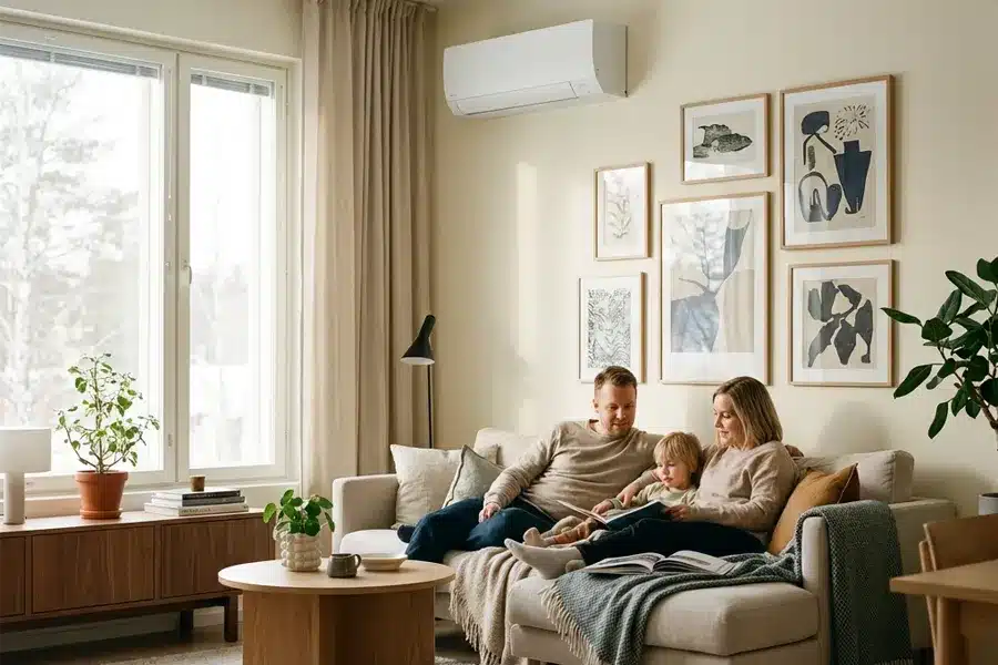 Perhe sohvalla ilmalämpöpumppu lämmittää taloa